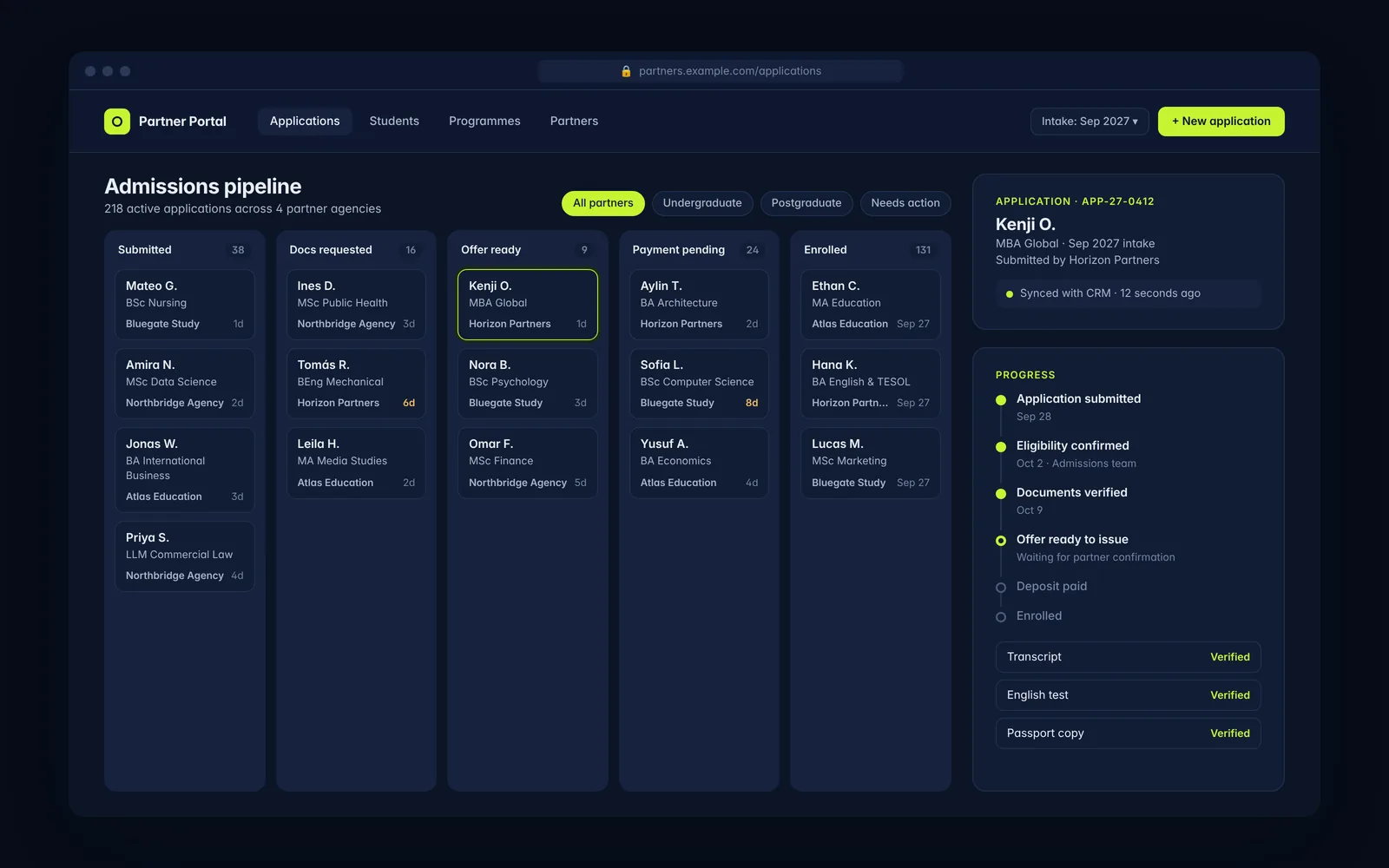Screenshot of Student Application CRM