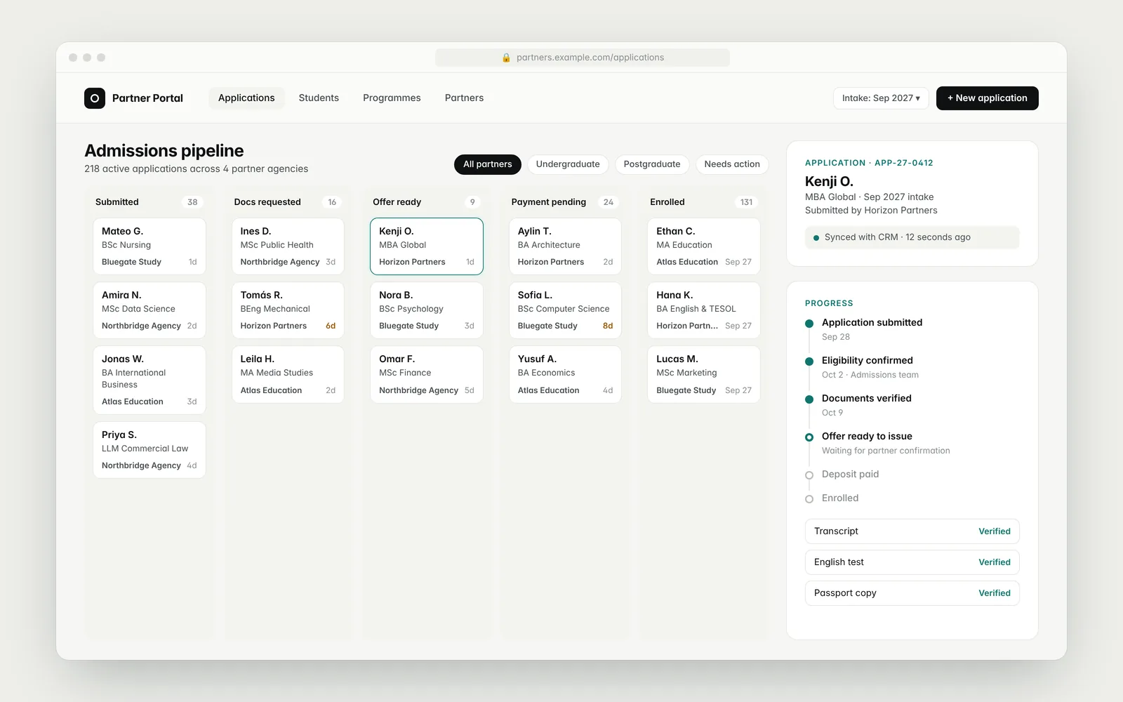 Screenshot of Student Application CRM